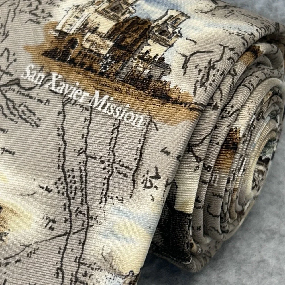Tie Tales Texas Missions Silk Necktie Alamo Scenic Map Travel Souvenir 69